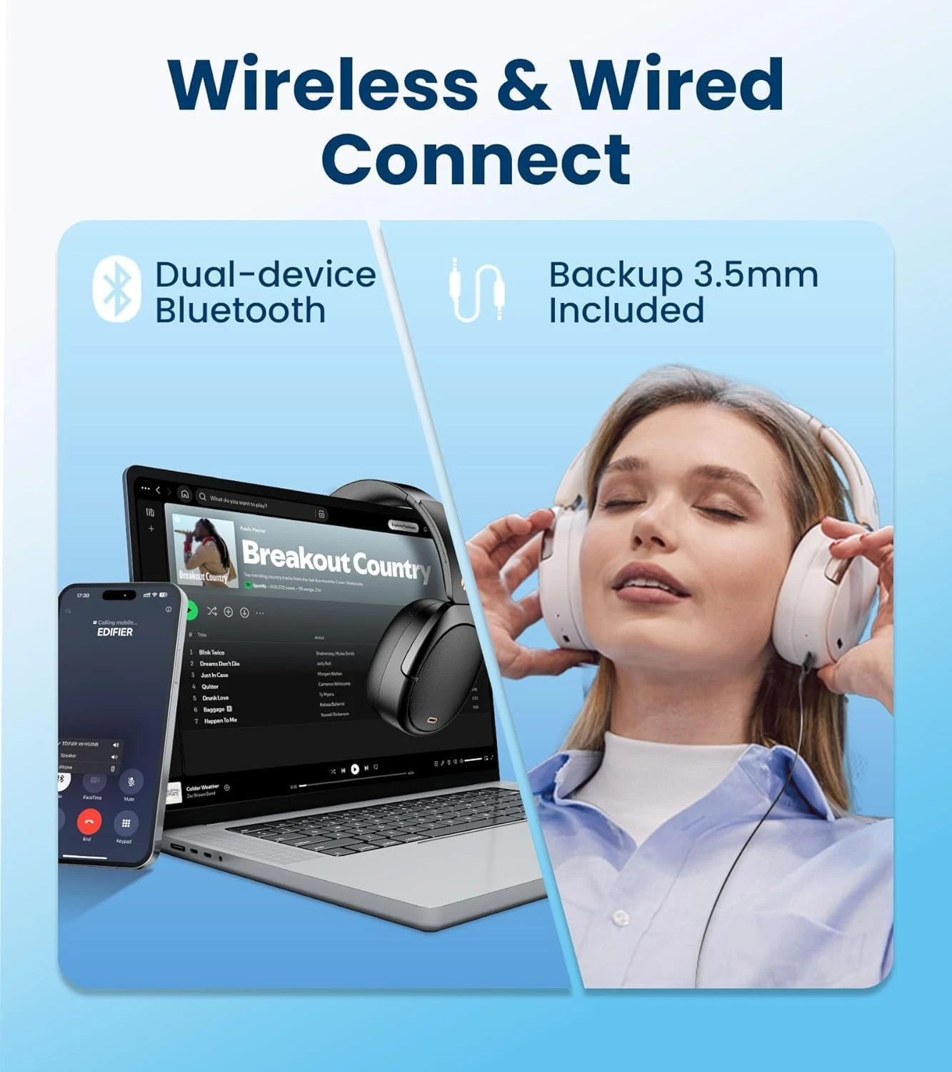 Edifier WH950NB سماعات لاسلكية بخاصية إلغاء الضوضاء سماعات بلوتوث 5.3 ، سماعات لاسلكية عالية الدقة ، تشغيل 55hours ، 4 ميكروفونات