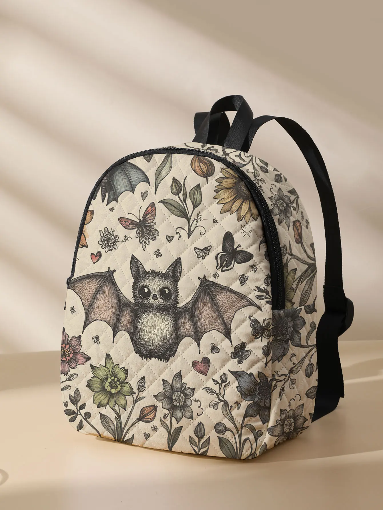Batflower Butterfly Printed Quilted Compact Backpack, Suitable for Outdoor, Travel, Campus, and Daily Use by Both Men and Women