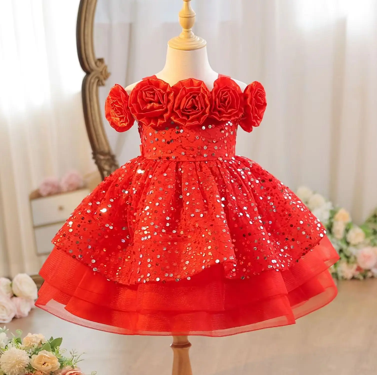 Baby Girls' Party Dress with Flowers Sequined Kid Girl Holiday Dresses Child Clothes Sling