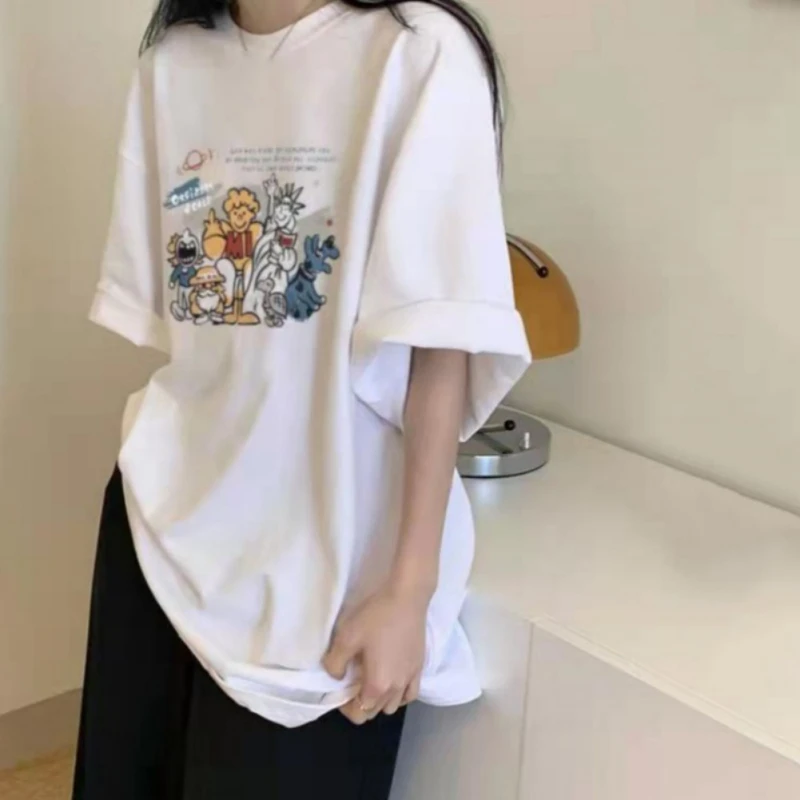 Fashion Vintage Short-Sleeved T-Shirt Women Summer Loose Chic Hong Kong Style Half-Sleeve Blouse Cute Cartoon Print Oversize Top