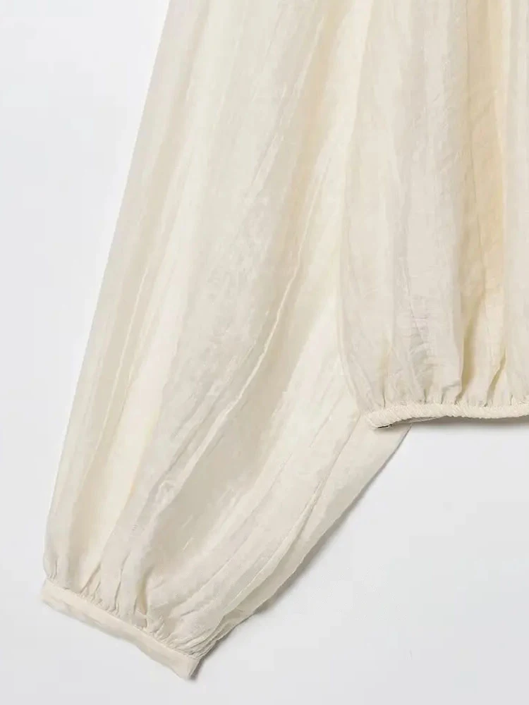HH, moda de otoño para mujer, camisa semitranslúcida lisa y dulce con mangas abullonadas, camisa holgada de tela Tencel con temperamento femenino