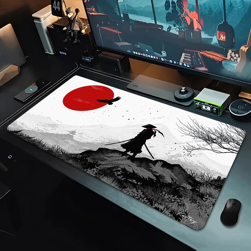 Black and White Japanese Samurai Mouse Pad Keyboard Gamer Accessories Extended Table Pad Rubber Carpet Mat Non-Slip Laptop Pads
