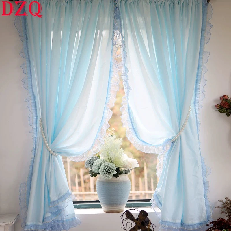 

French Retro Semi-Blackout Light BlueTulle Door Curtain Kitchen Living Room Side Lace Gauze Short Curtain Balcony Bedroom #A567