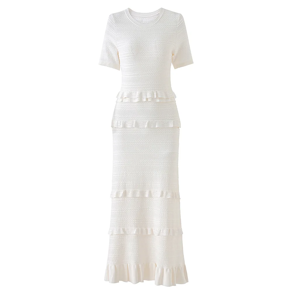 Saia personalizada de manga curta com decote redondo e bordas com babados elegante vestido de malha com cintura