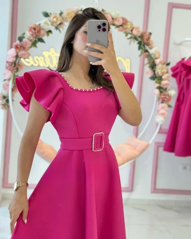 2024 New Summer Women's Maxi Fuchsia Crepe Satin Prom Dress Ruffles Sleeves Fashion Celebrity Square Neck Party Dresscustomized