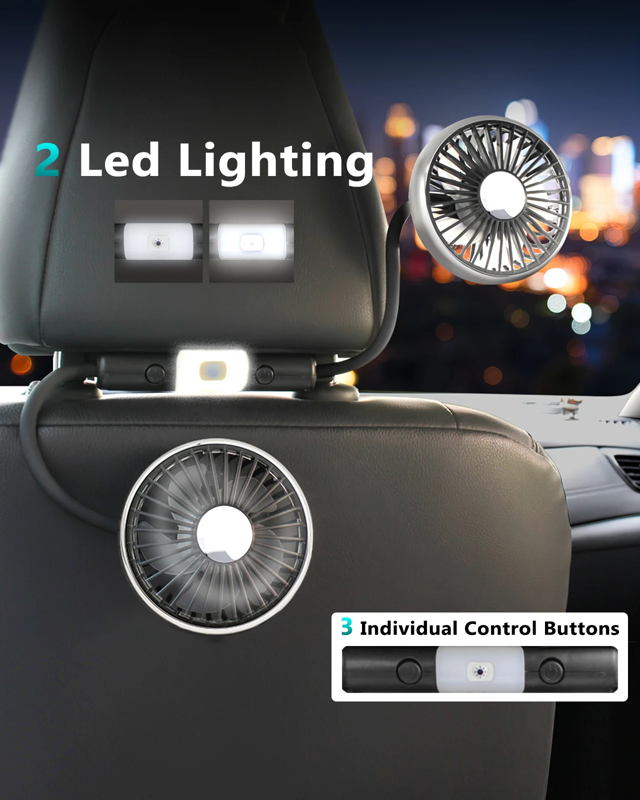 Eary Car verano doble cabezal USB ventilador montaje asiento trasero 360 giratorio 3 velocidades fuerte viento sonido silencioso 2 iluminación ventilador de aire acondicionado