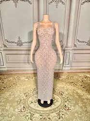 Shining Silver Full Rhinestones EveningCelebrateDress Dancer Show Stage CostumeProm PartyDresses B190