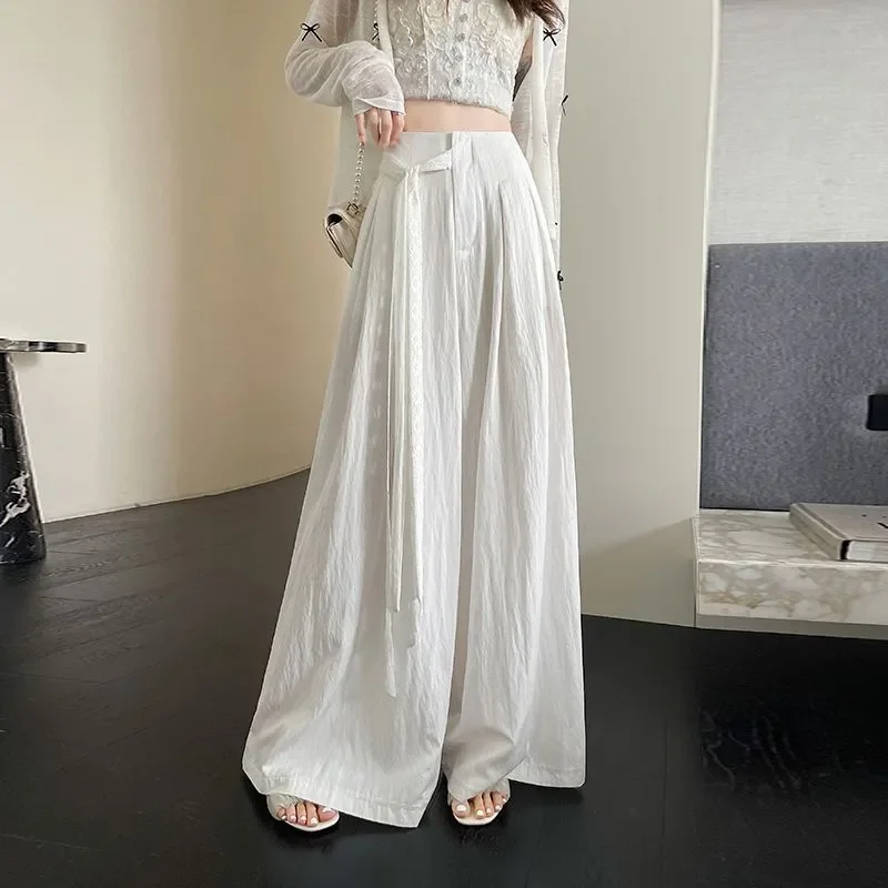Women's High Waist Wide Leg Pants Ice Silk Lace Tie Draped Floor Length Trousers