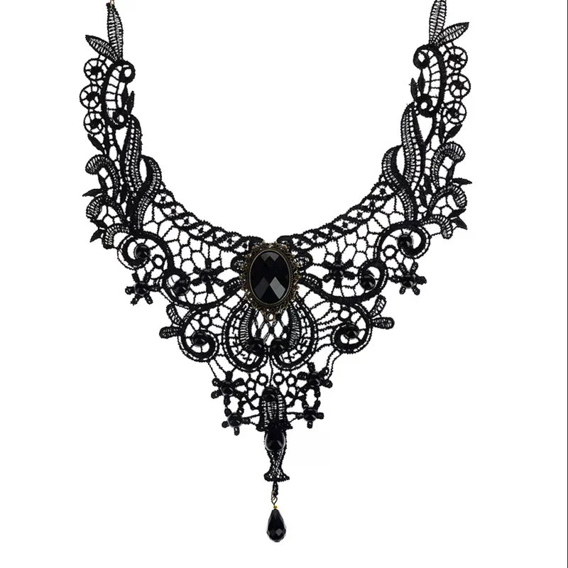 /HTF/Black Lace& Beads Choker Victorian Steampunk Style Gothic Collar Necklace Gift