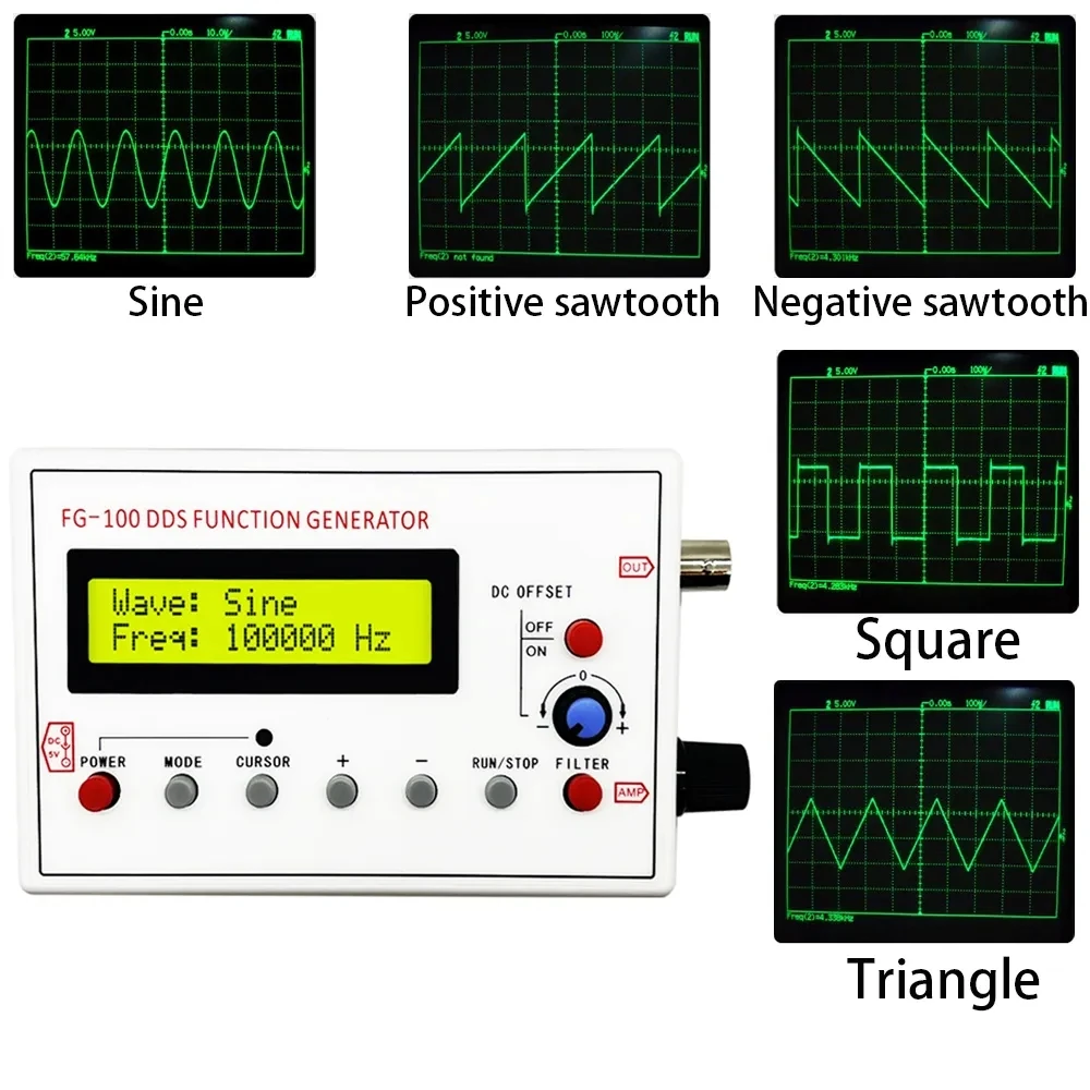 FG-100 FG-200 DDS Função Gerador de Sinal Contador de Frequência 0.01Hz - 500KHz Módulo de Fonte de Sinal Sinusoidal + Quadrado + Forma de Onda de Dente de Serra