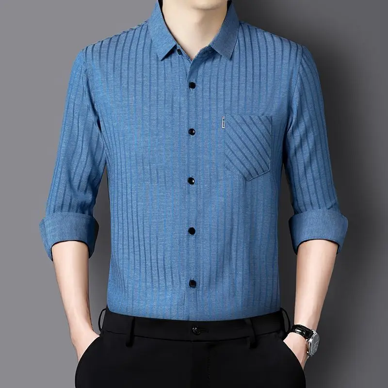 Premium Men Silk Striped Shirt Anti Wrinkle Breathable Casual Spring Fall Top