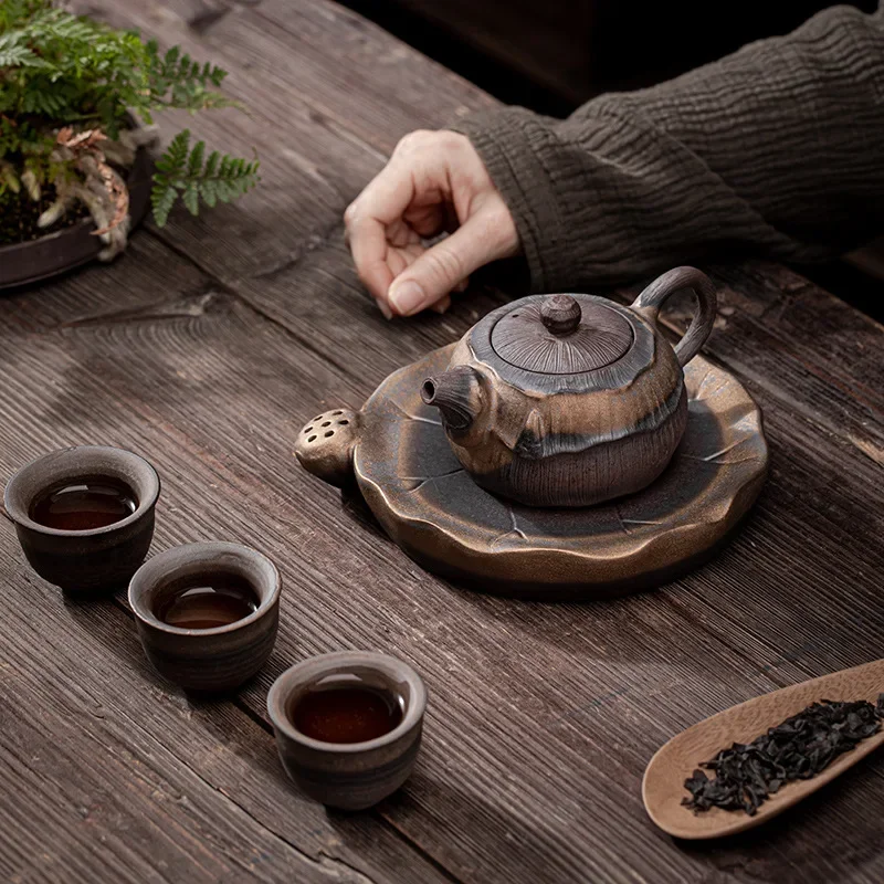 Vintage Lotus Teapot Handmade Rough Pottery Teaware Ceramic Vintage Kung Fu Tea Infusion Tea Making Utensils Tool Tea Kettle Pot