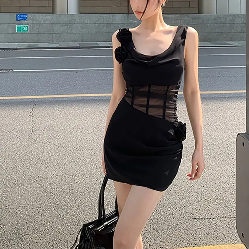 Novedad De verano, vestido negro para Mujer, Vestidos sexis ajustados con cordones y cuello Halter Y2k, Vestidos De cintura alta con cordones y cuello Halter para Mujer