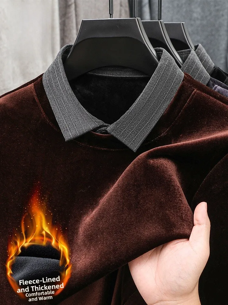 

Rn Men's Fce Lined Thiened Knitted Sweater Warm Velvet irt Collar Autumn Winter Casual Faion Urban Sle Top