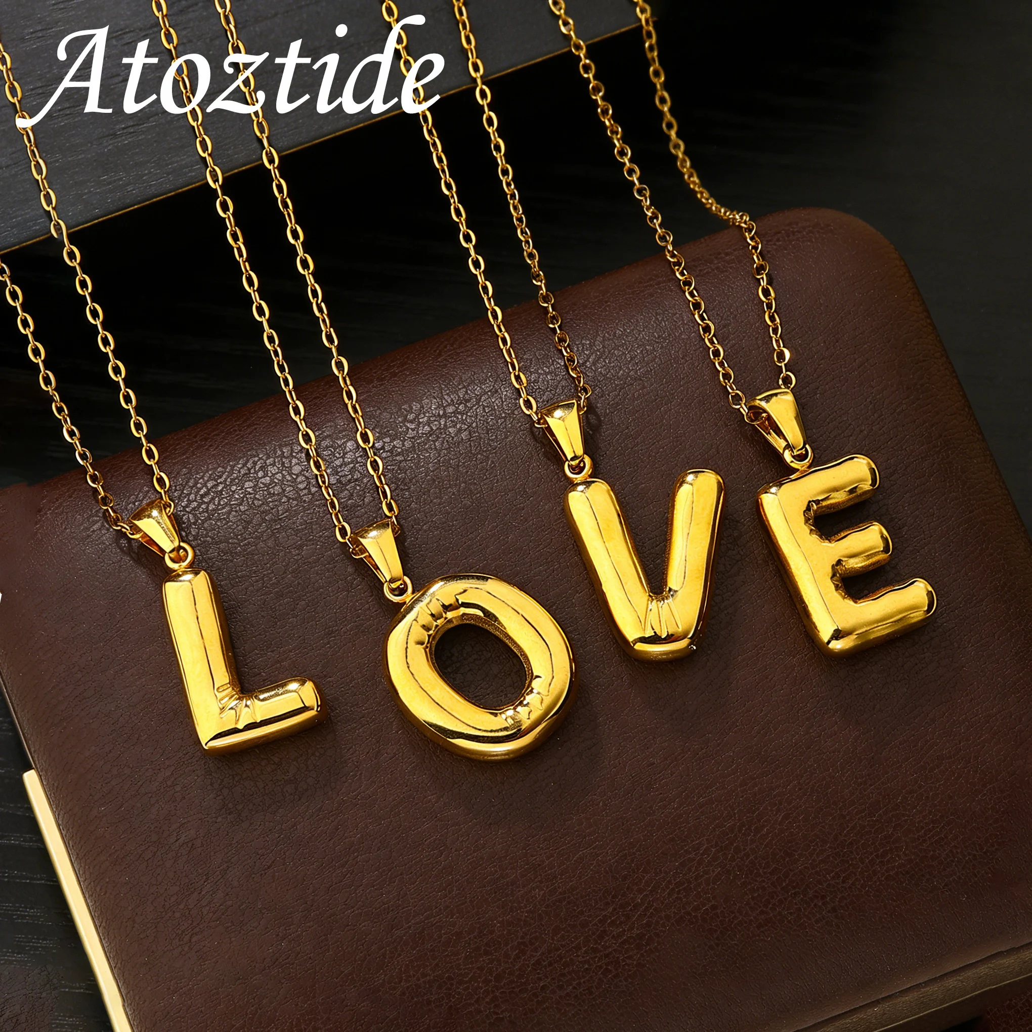 Atoztide Bubble Initial Letter Pendant Necklace for Women Chunky Custom Puffy Alphabet Letter Name Drop Necklace Jewelry Gift