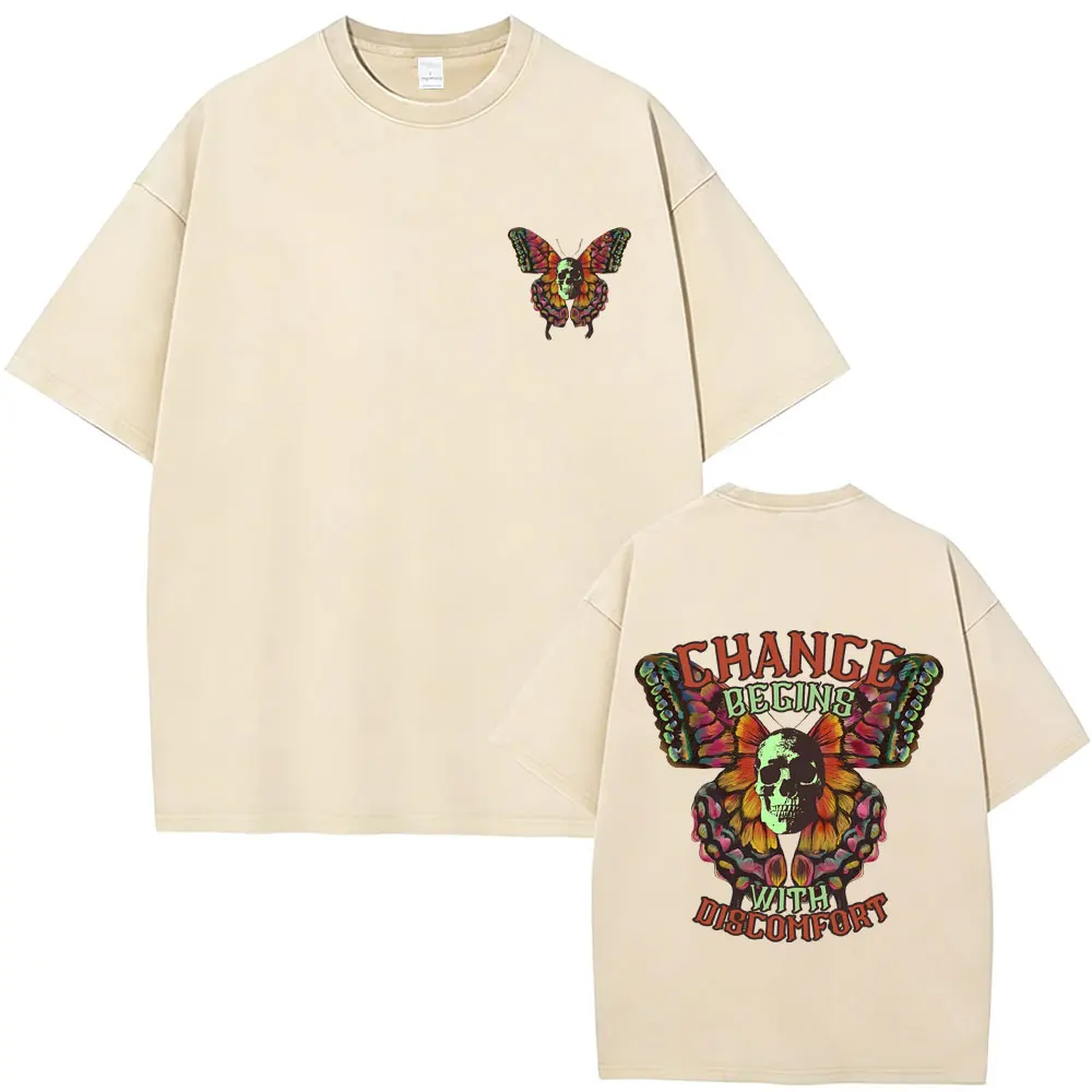 

Change Begins with Discomfort Butterfly Skeleton Vintage Washed T-shirt Men Women Gym Fitness Short Sleeve Casual Cotton T Shirt