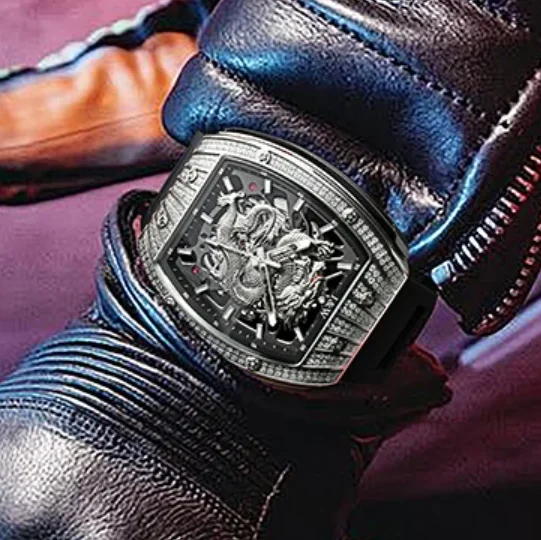 

Карнавальные мужские автоматические часы 47 мм Tonneau, механические наручные часы, светящиеся, 50 м, водонепроницаемые, с цирконом, безель, скелетон, дракон, циферблат