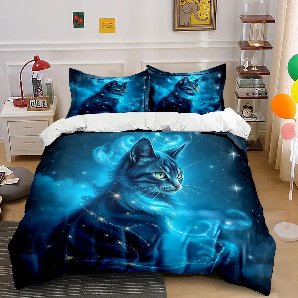 Mystical Blue Cat in Starry Sky Printed Duvet Cover Set1 Duvet Cover+2 PillowcaseMulti Size Bedroom Bedding Decoration