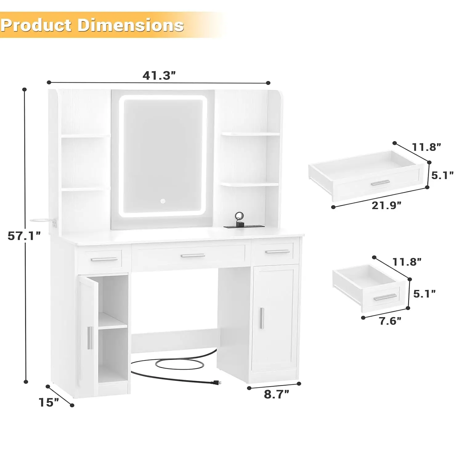 White Vanity Desk with Lighted Mirror & Drawers, Bedroom Dressing Table 41.3