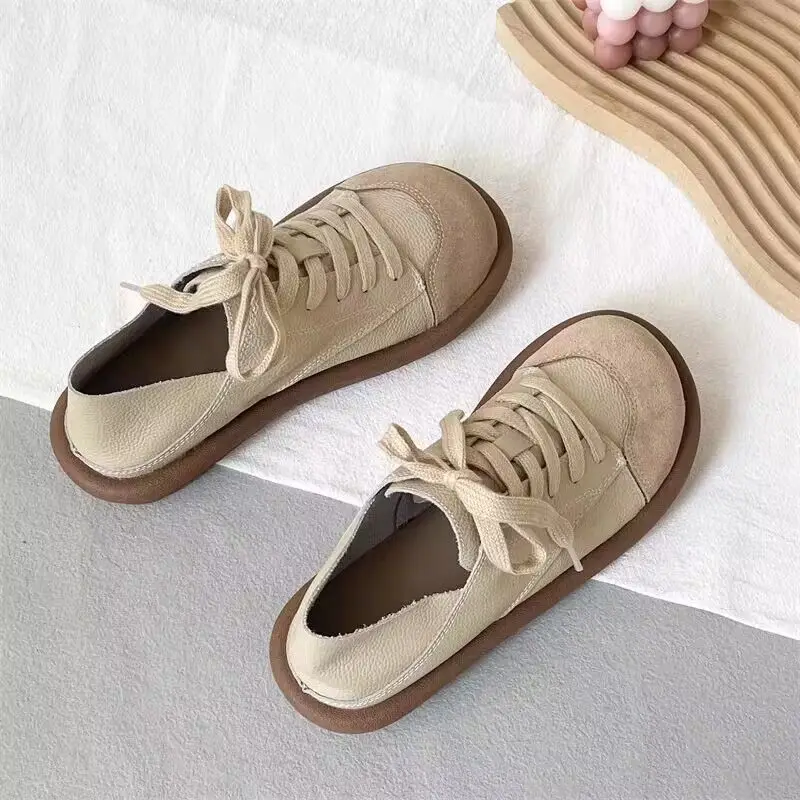 Wide Toe JK Shoes Women\'s Lace Up Sneaker Girls Harajuku Half Slipper Sneakers Woman Faux Leather Mules Vulcanized Sneakers New