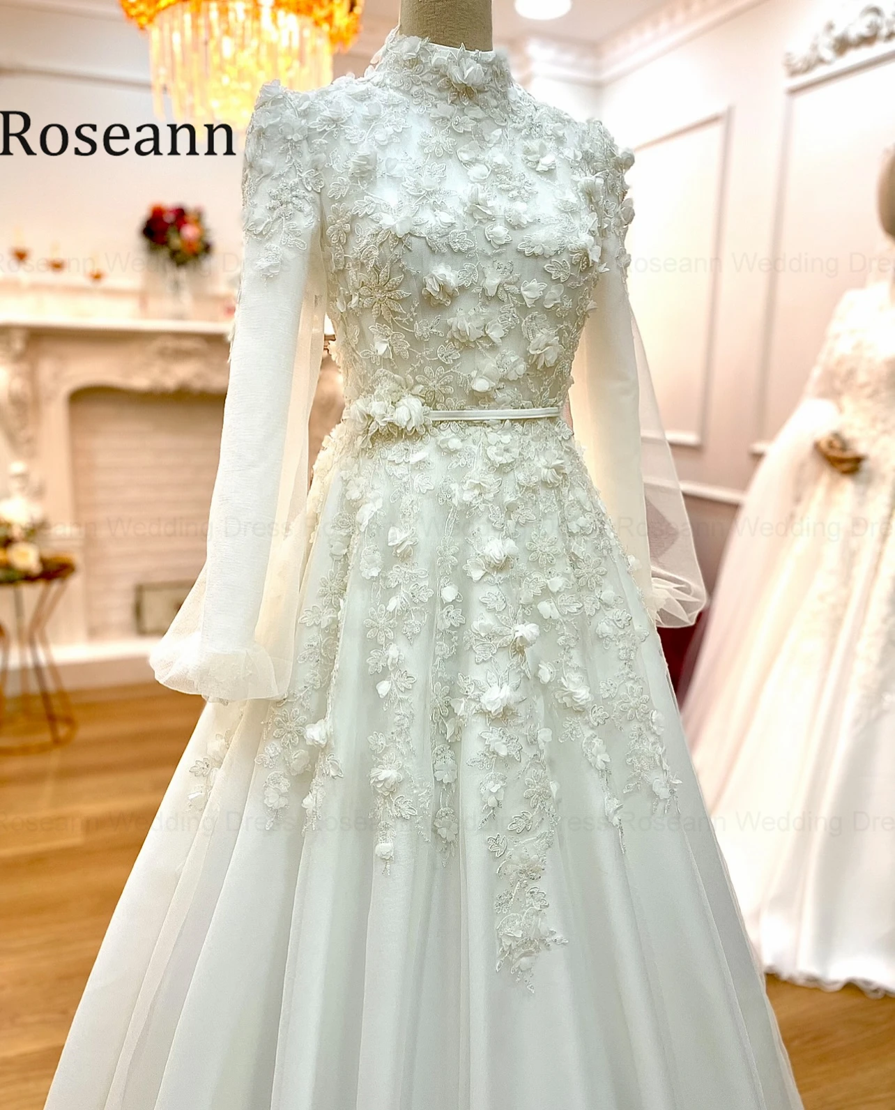 Roseann Wedding Dress Muslim Modest High Neck Long Sleeve amanda novias oficial 3D Floral Applique A-Line Bridal Gown Customized
