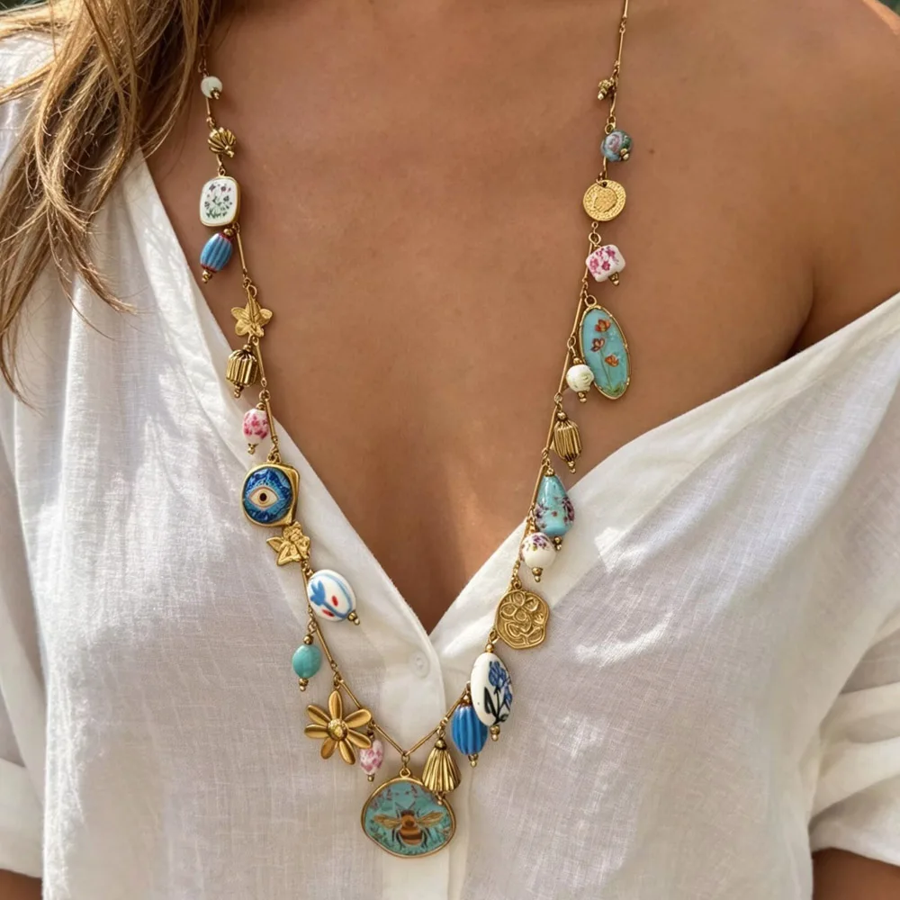 Peri'sbox Stainless Steel Ceramic Blue Bee Multiple Pendant Women Necklace Long Style Party Exquisite Luxury Jewelry Accessories