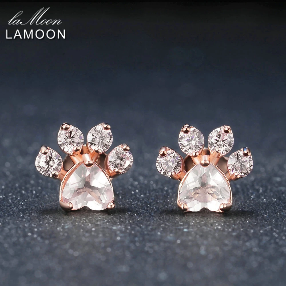 LAMOON Cat Paw kolczyki ze srebra próby 925 dla kobiet różowy kwarc stadniny kolczyk kolczyki z kamieniami szlachetnymi Fine Jewelry EI040-2