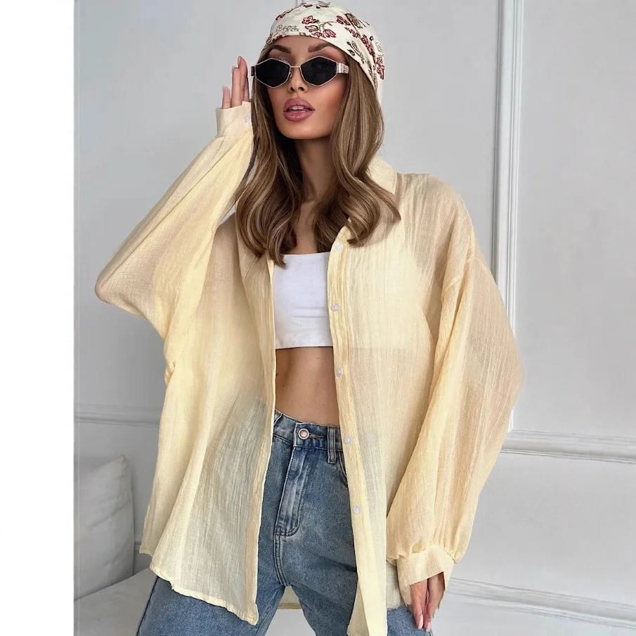 Protector solar v-ne largo Sve suelto algodón irt para mujeres coreano Sle Color puro Pol Collar Sved irt oulder Pad incluido