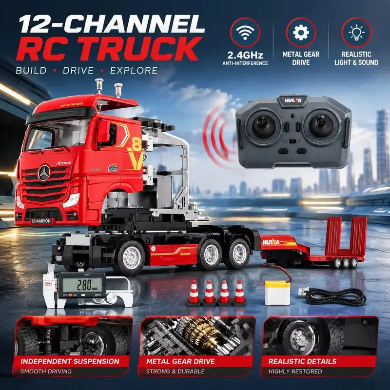 HUINA 9900 RC Car 1/64 12CH Mini Alloy Remote Control Flatbed Tractor Truck 2.4G Electric Engineering Trailer Vehicle Model Toys