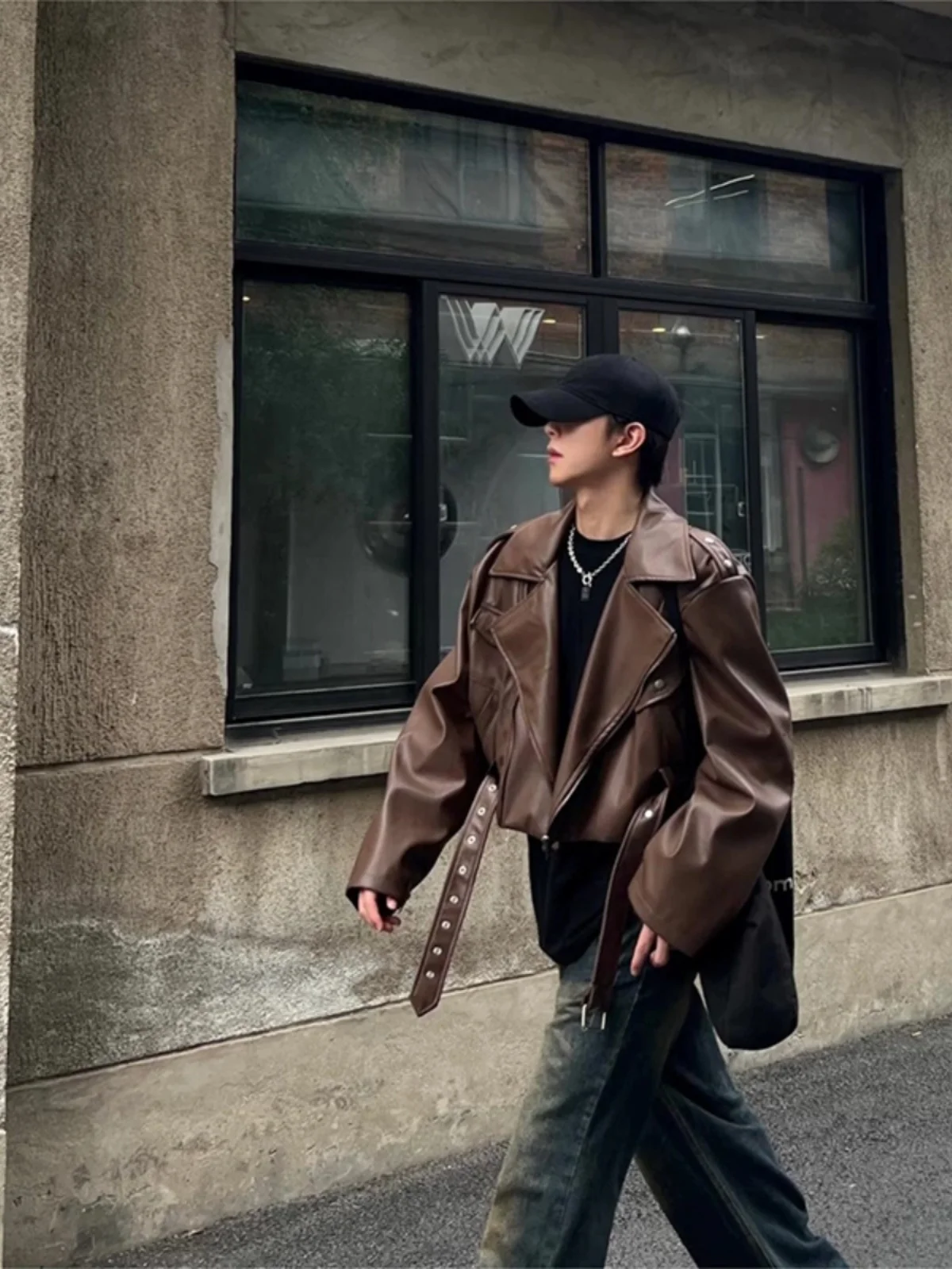 

Vintage Brown Leather Jaet Men's Trendy High-End ort Flight Jaet American Motorcycle Wear Polyester Fiber Outerwear