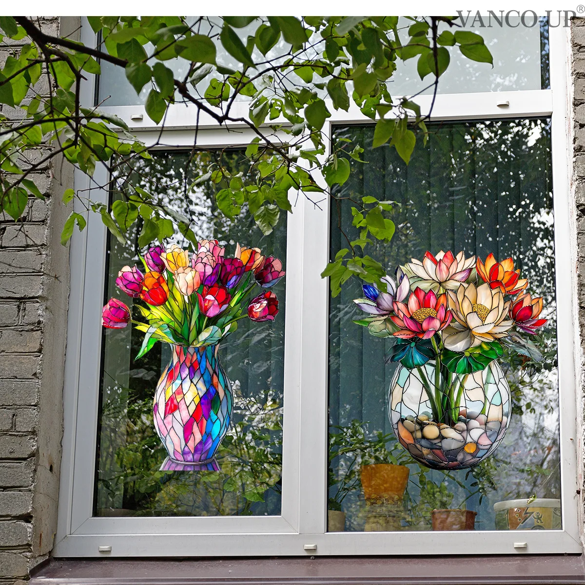 

Sunflower Hanging Basket Window Clings - Floral Vase & Butterfly Static Stickers for Home & Shop Decor