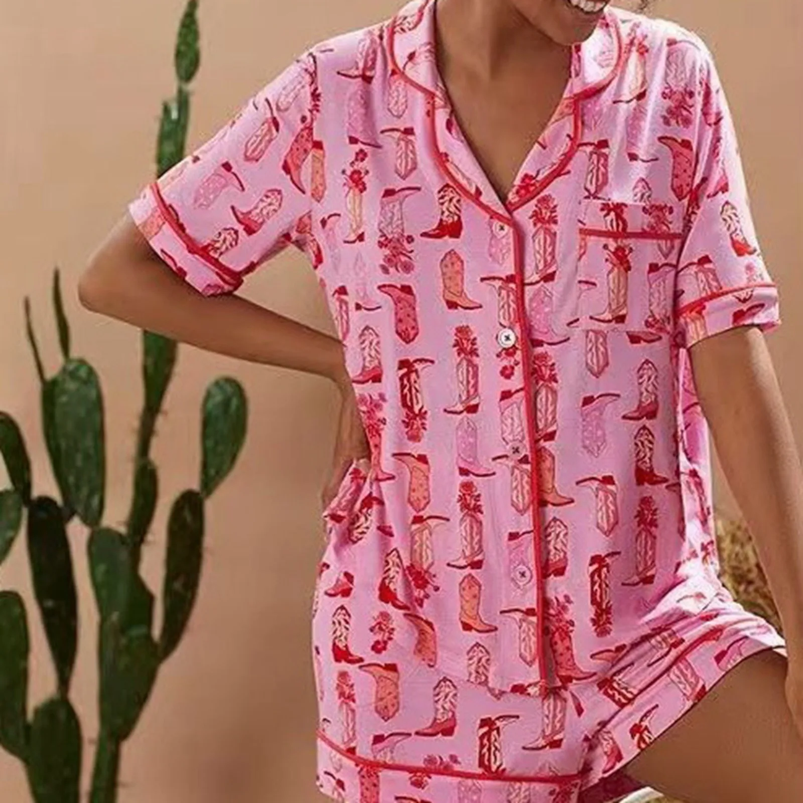 Womens Lounge Sets 2 Piece Pink Cowgirl Boots Silk Pajamas Short Sleeve Pjs Tops and Shorts Satin Pajama Pants Set