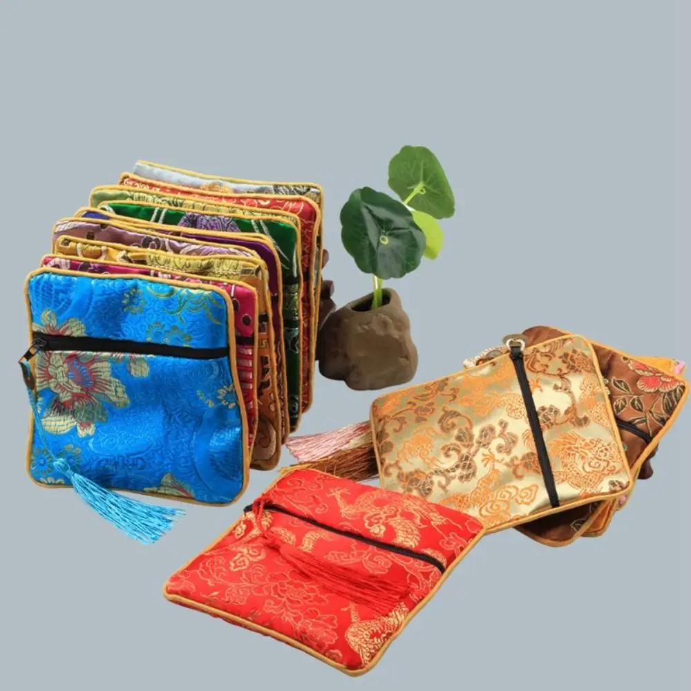 Tassel Mini Embroidery Canvas Coin Purse Copper Cash Pendant Square Flower Jewelry Packing Bag Storage Bag Small Handbag