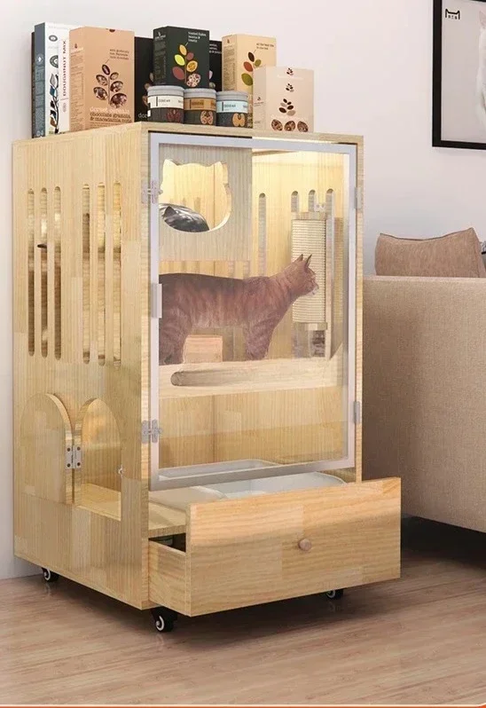 TTFG44Solid Wooden Pet Cat Villa Home Indoor Cat House Luxury Toilet With Drawer
