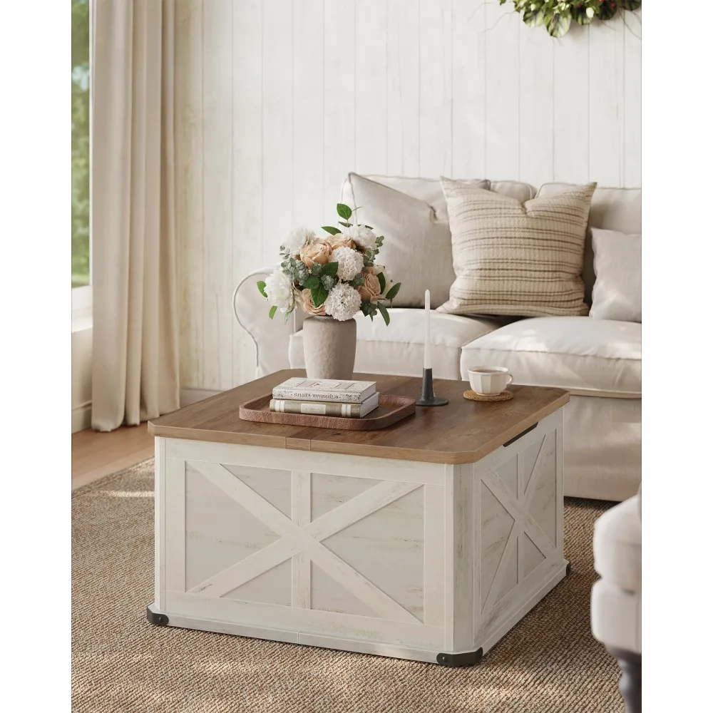 Farmhouse Coffee Table with Storage, Square Coffee Table for Living Room, Center Table with Flip-Top Lids