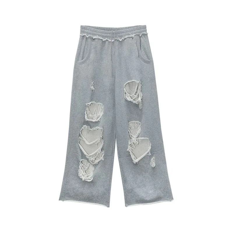 Deeptown Y2k Gray Hole Women Pants Jogging Wide Leg American Retro Hip Hop Sweatpants Solid Color Baggy Casual Streetwear Summer