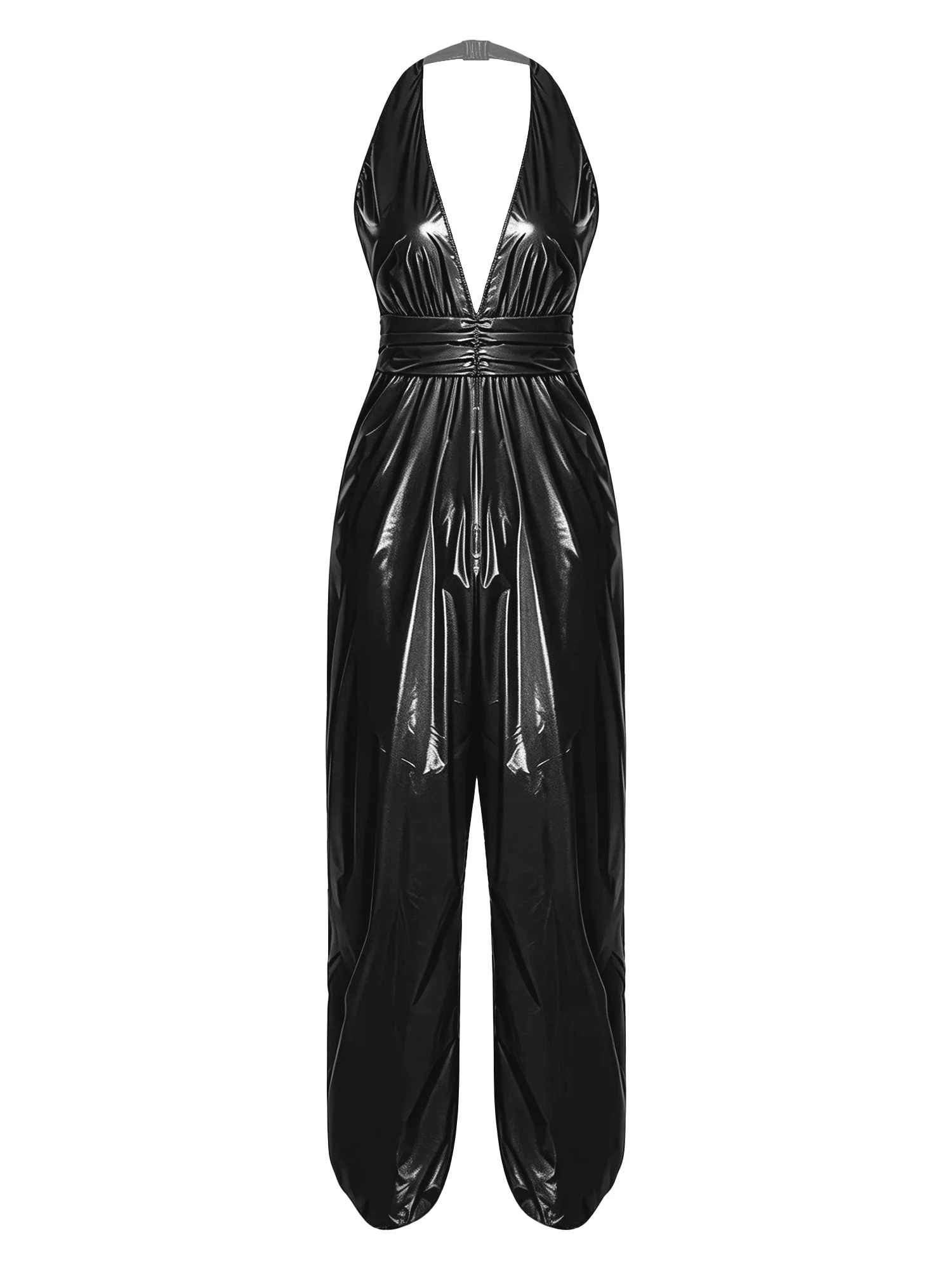 Women Elegant Clubwear Jumpsuit Waterproof Glossy Jumpsuit Female Glossy Overalls Wide Leg Pants Rompers Clubwear