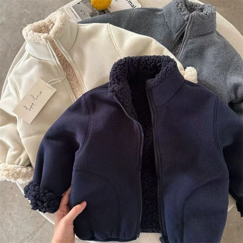 Children Winter Plush Coats Kids Casual Solid Versatile Outdoor Thick Outerwear Girls Boys Daily Comfortable Thermal Jacket