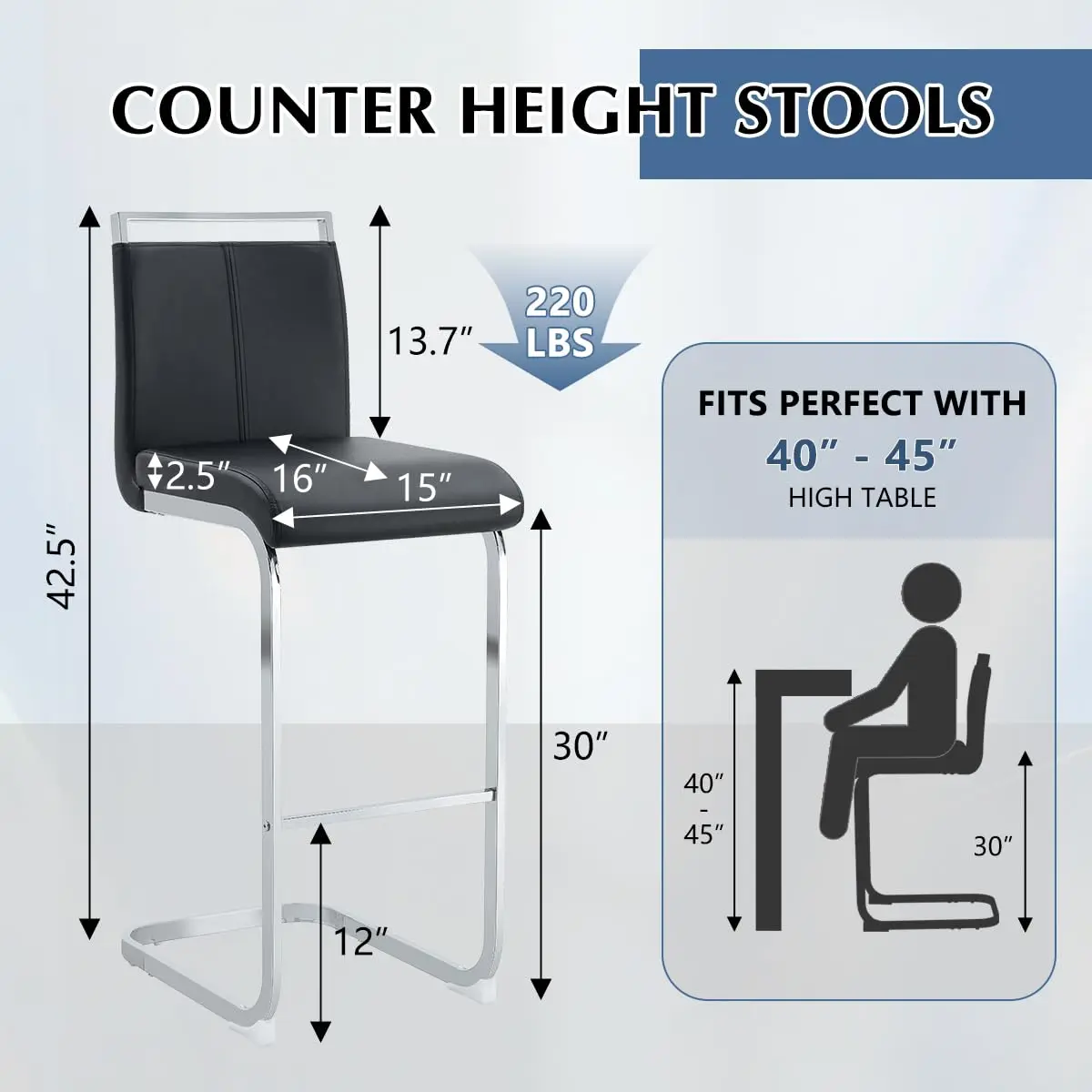 Modern Counter Bar Stools Set of 2, Black Faux Leather Upholstered with Back, Silver Chrome-Plated Metal Frame 30