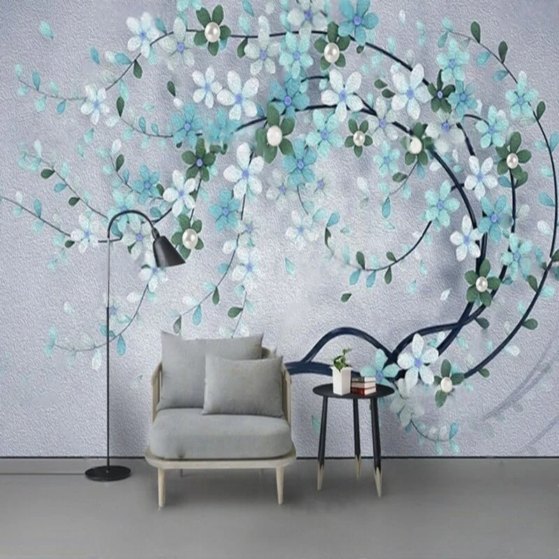 

Modern Exquisite Elegant And Grand Oil Painting Hand-Drawn Floral Wallpaper In Pearl Blue For Hotel Decoration And TV Murals
