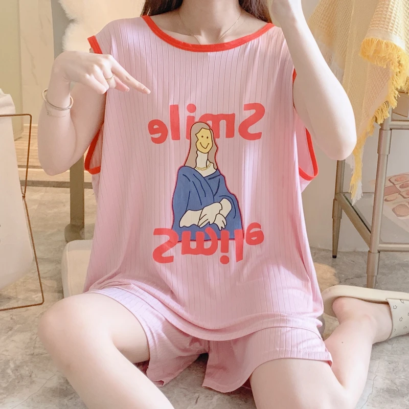 plus Size Sleepwear Women Summer Ice Silk Thin Sleeveless Loose Set Comfortable Breathable Cute Cartoon Print round Neck Shor...