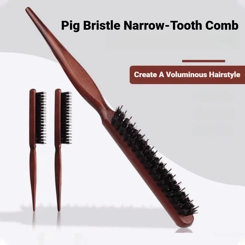 Natural Boar Bristle Wood Handle Hair Brush Anti‑static Fluffy Hair Comb Scalp Massage Barber Hairdresser Styling Tool