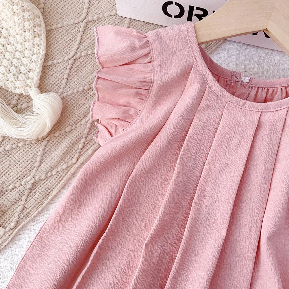 3-7Y Baby Girls Princess Dresses Round Neck Summer Solid Color Kids Dress Flying Sleeve Pleated Pink Girl Clothes