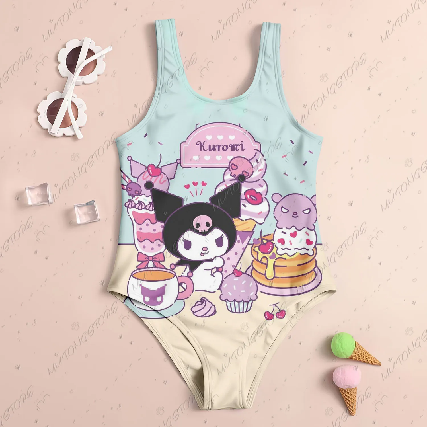 2025 New Cute Children One-Piece Swimsuit Sanrio Kuromi 3D Print Girl Women Swimsuit Soft Breathe Kids Summer Seaside Clothes