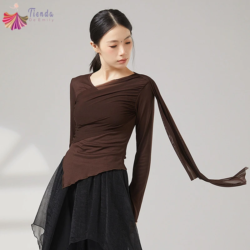 Modern Dance Suit Top Women Flare Mesh Sleeve Flowy Tulle Splice Shirt Irregular Hem Daily Training Clothes Stage Yoga Chic Tee