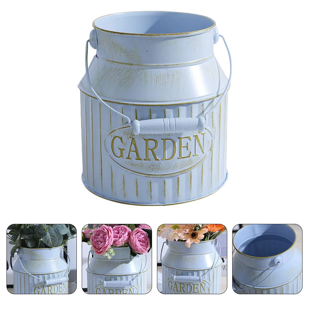 Water Kettle Tin Flower Pot Bucket Adornment Drum Ornament Blue Garden