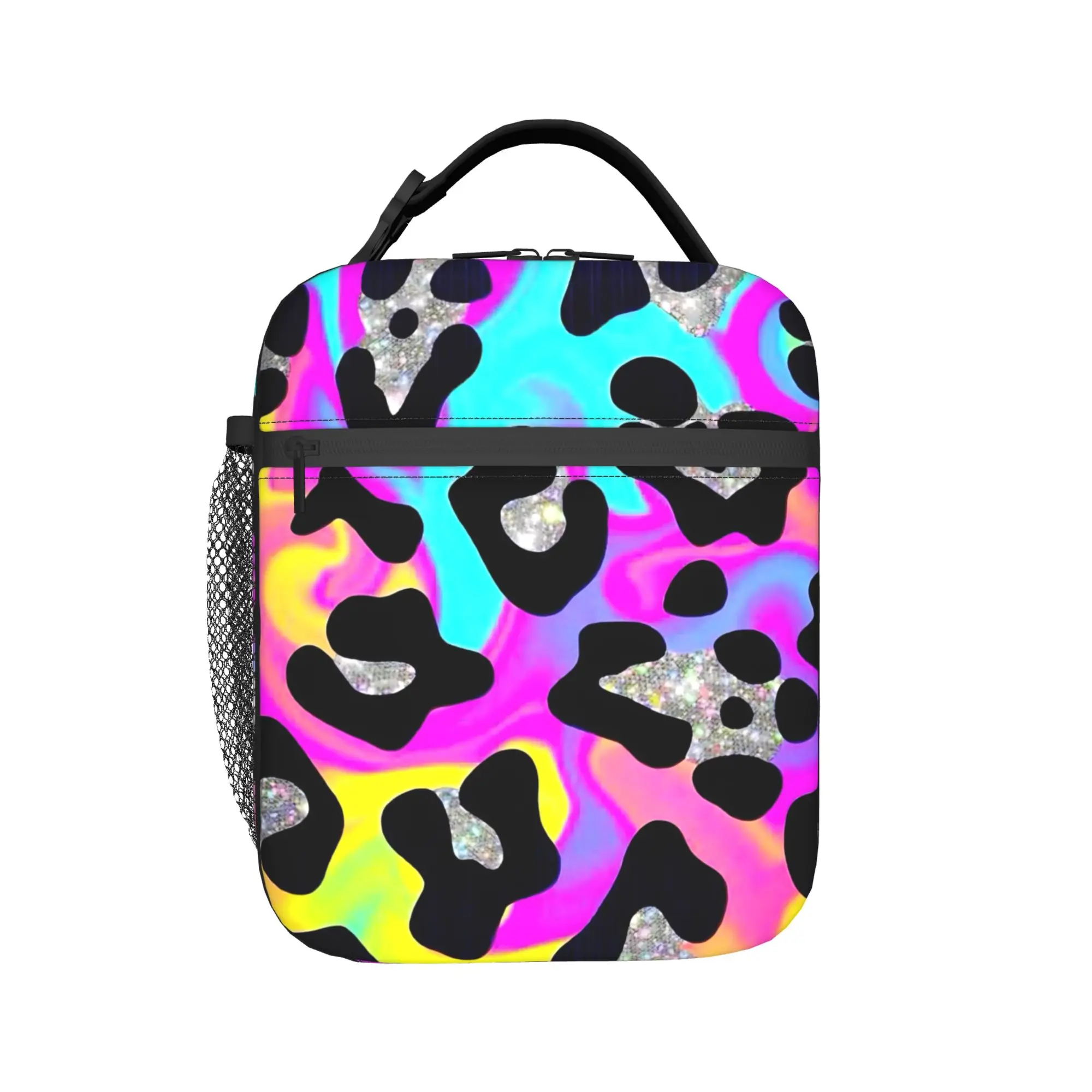 Psychedelic 80s Leopard Lunch Bag Abstract Art  Fun Lunch Box For Girls School Portable Cooler Bag Oxford Thermal Lunch Bags
