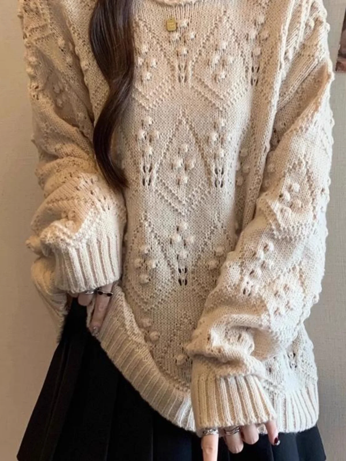 

Women's Knitted Sweater round Ne Lace Hollow out Loose Fit Autumn Winter Warm Soft Comfortable Sle Color Base irt