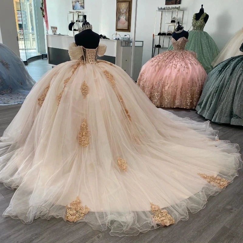 Vestido De quinceañera con hombros descubiertos, tul, apliques, cuentas De flores, desfile, cordones, Baile De Princesa, 15 Años, champán