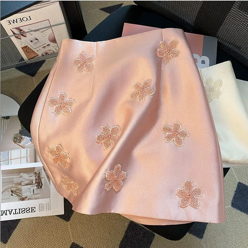 Summer Fashionable Diamonds High Waist A-line Skirt Women Clothes Temperament Floral Patchwork Skirts Ladies Fashion Slim Skirt